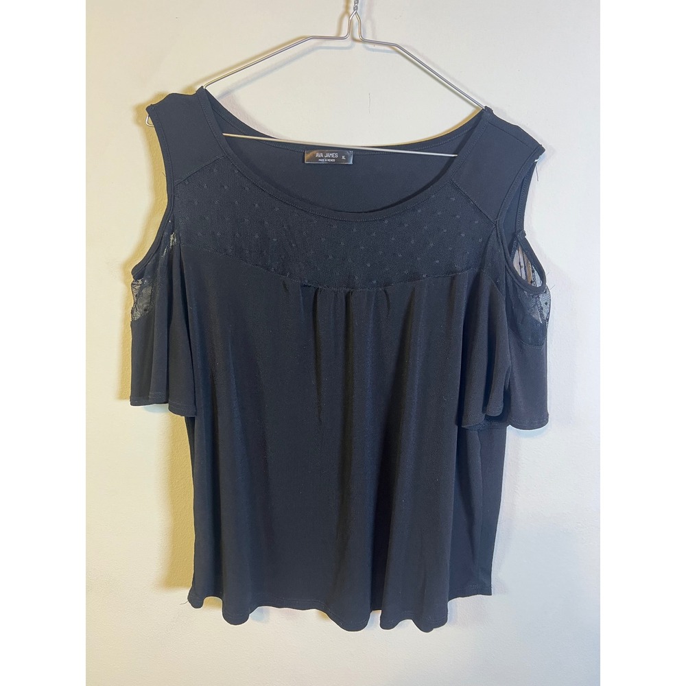Ava James‎ Womens Cold Shoulder Top Mesh Dot Detail Black XL